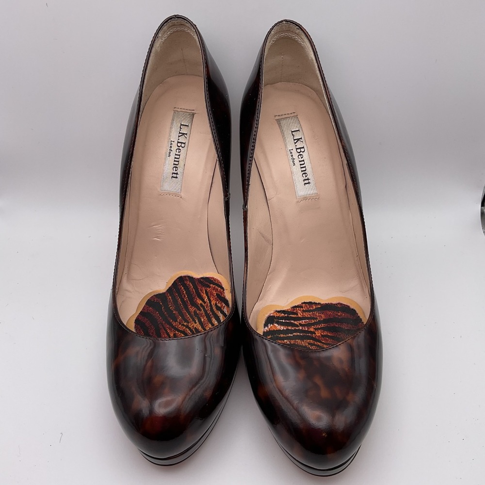 L.K. Bennett London Tortoiseshell Patent Leather Platform‎ Stiletto Heels  38